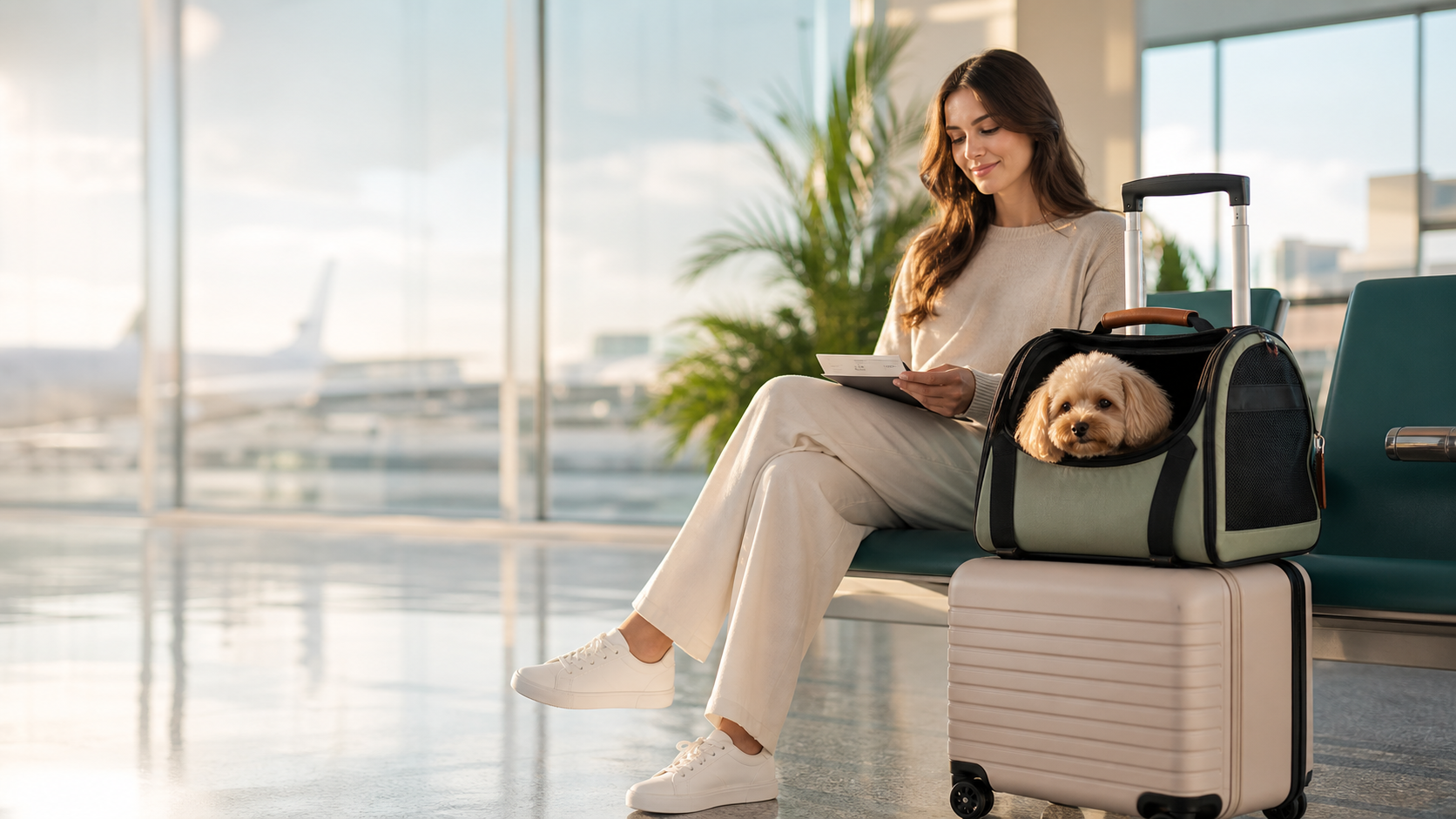 A traveler sitting with a small dog in a carrier before departure